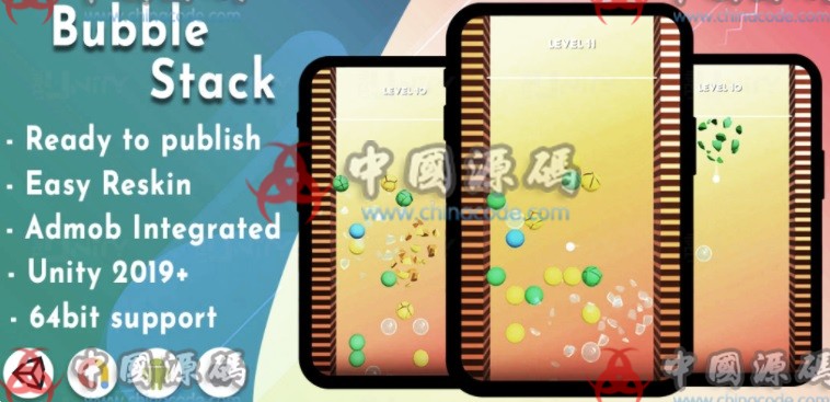 《Bubble Stack》源码 - 手游源码 - advertising ID and publish on Google Play or App Store . The project includes many game features like Admob, Bubble Stack是一个完整的项目，可以帮助你创建一款很棒的休闲游戏。您只需更改图形, don’t let them reach to the top of screen.   Features Easy to play, Unity Ads. HOW TO PLAY? • Tap to screen to drop down the ball. • Try to break all bubbles, Unity广告。 Description Bubble Stack is a complete project template that will help you create a great casual game. You only need change the graphic, 广告ID，并在Google Play或App Store上发布即可。该项目包括许多游戏功能，如Admob-飞猪资源网