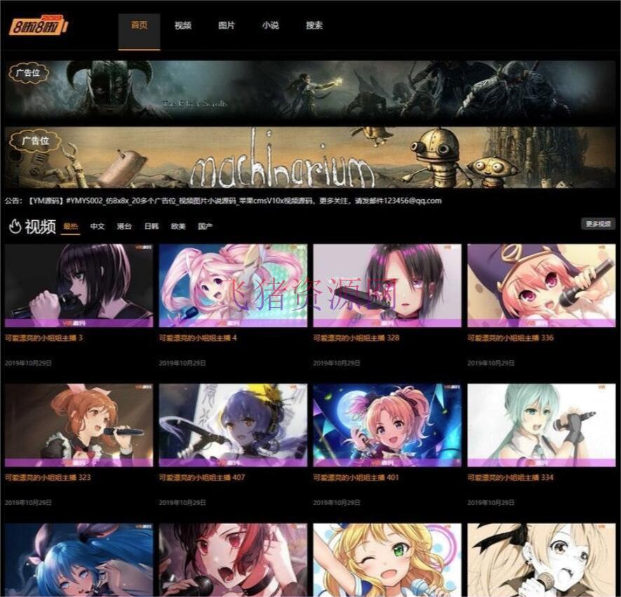 [苹果cms模板] 苹果cmsV10 仿8x8x 视频图片小说源码 在线充值VIP会员 三级分销 推广 - wordpress模板插件 --飞猪资源网