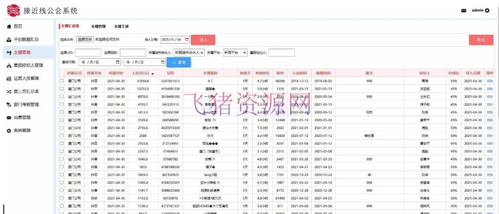 【网站源码】工会系统 分红统计系统 抖音快手等多平台主播分红分润系统 多角色管理系统 - 其他源码 --飞猪资源网