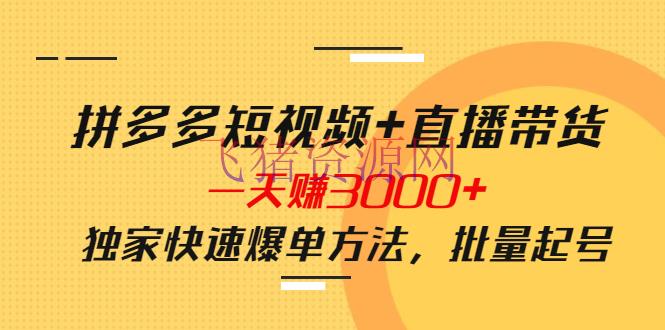 【电商运营】拼多多短视频+直播带货，一天赚3000+独家快速爆单办法，批量起号 - 拼多多 - 电商, 短视频, 短视频带货, 短视频带货选品, 短视频运营, 运营-飞猪资源网